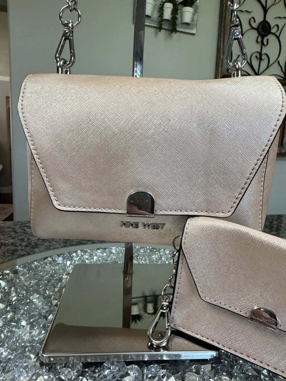 Nine West Rose Blush metallic Crossbody Bag with Matching Card Case NEW